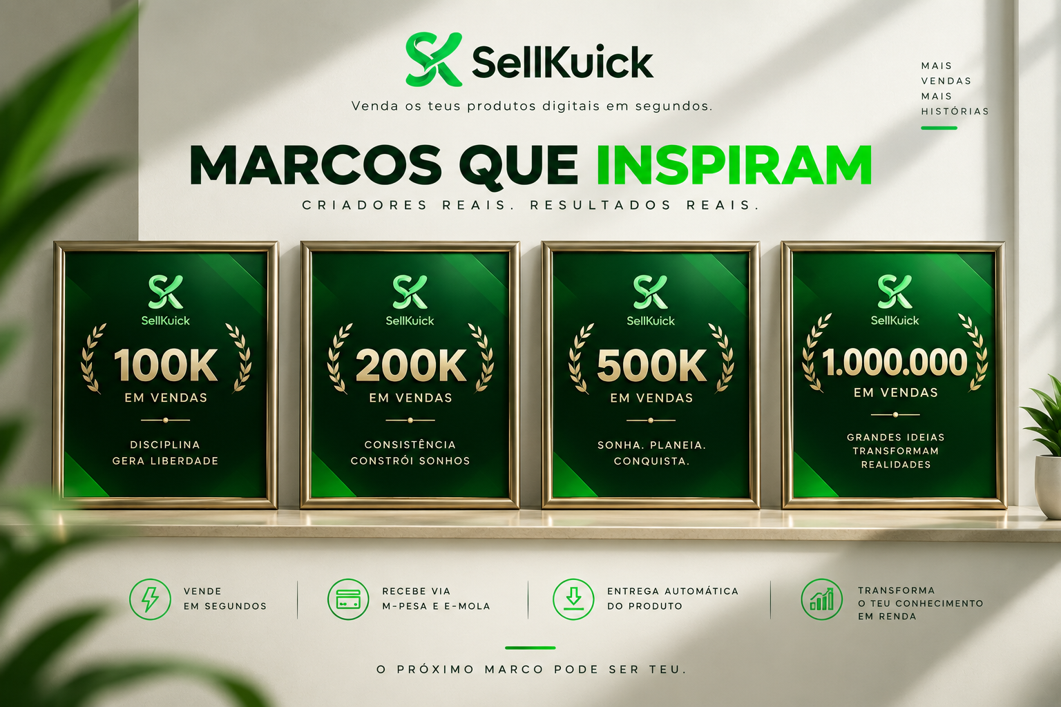Marcos que podes alcançar com a SellKuick — 100K, 200K, 500K e 1.000.000 MZN em vendas